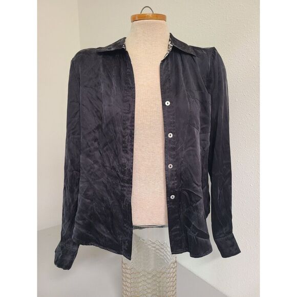 Vtg Robbie Bee 100% Silk Black Button Shirt Quiet Luxury Witchy Whimsygoth LARGE - Picture 2 of 8